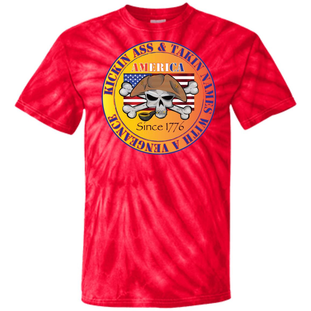 “America” - Kickin Ass Since & Takin Names With a Vengeance Since 1776 - Gold Custom Personalized T-shirts Men's Women's 100% Cotton Tie Dye T-Shirt