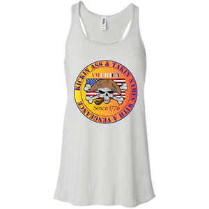 “America” - Kickin Ass Since & Takin Names With a Vengeance Since 1776 - Gold Custom Personalized T-Shirt Ladies' Bella + Canvas Flowy Racerback Tank