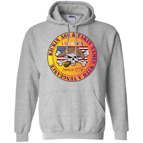 “America” - Kickin Ass Since & Takin Names With a Vengeance Since 1776 - Gold Personal Designer long sleeve Hoodie Men's Women's Pullover Hoodie 8 oz.