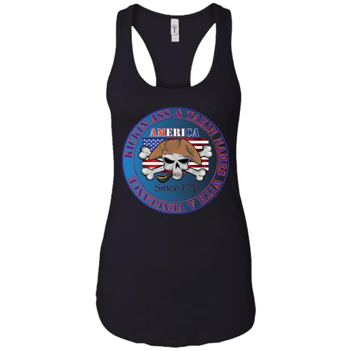 “America” - Kickin Ass Since & Takin Names With a Vengeance Since 1776 - Blue Custom Personalized Ladies' Ideal Racerback Tank
