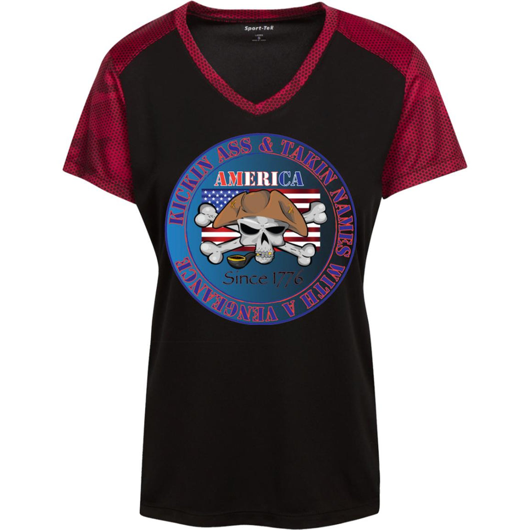 “America” - Kickin Ass Since & Takin Names With a Vengeance Since 1776 - Blue Custom Personalized T-shirts Men's Women's Ladies' CamoHex Colorblock T-Shirt