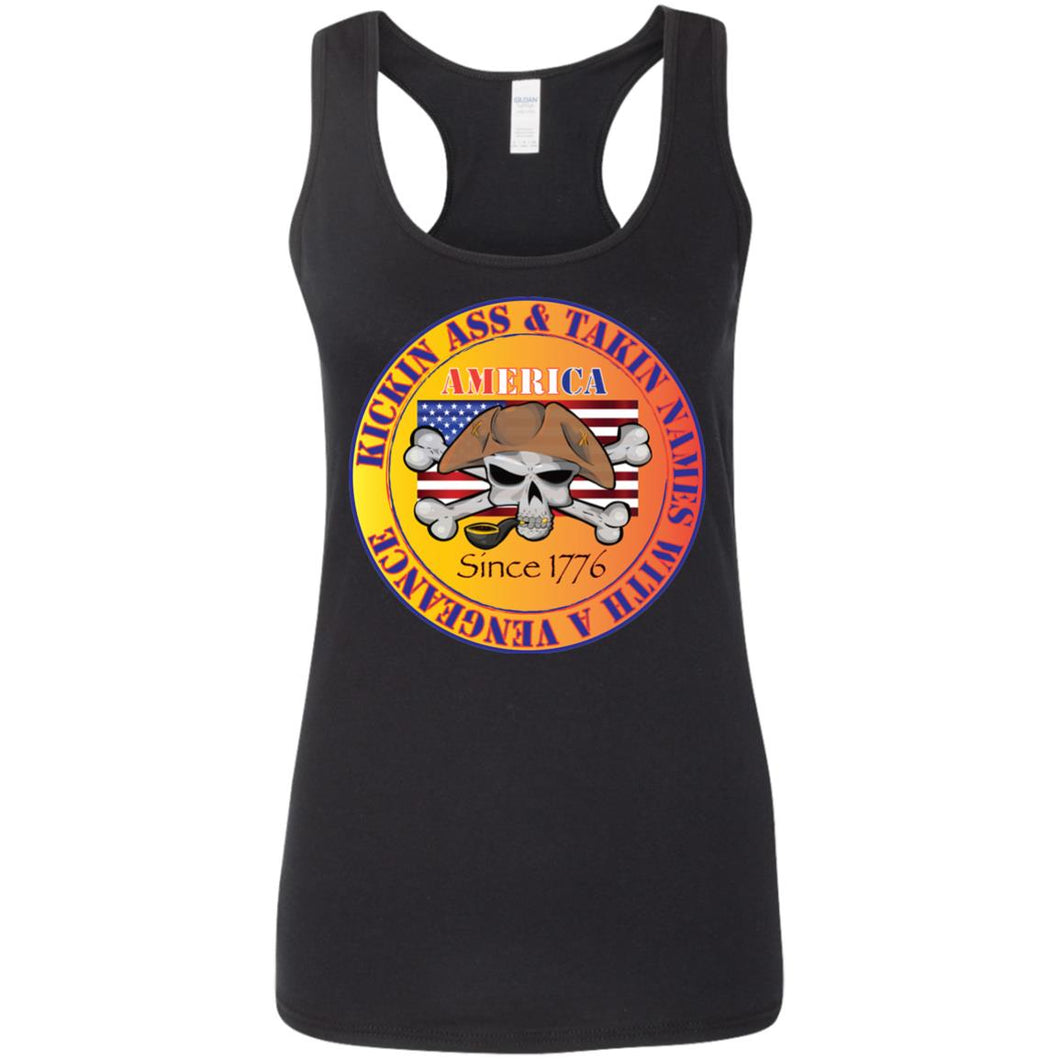 “America” - Kickin Ass Since & Takin Names With a Vengeance Since 1776 - Gold Custom Personalized Ladies' Softstyle Racerback Tank
