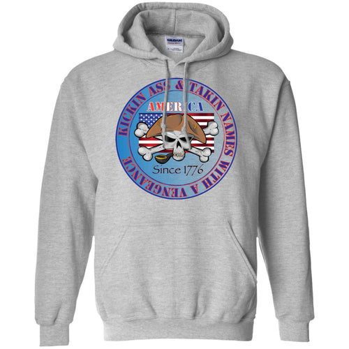 “America” - Kickin Ass Since & Takin Names With a Vengeance Since 1776 - Blue Personal Designer long sleeve Hoodie Men's Women's Pullover Hoodie 8 oz.