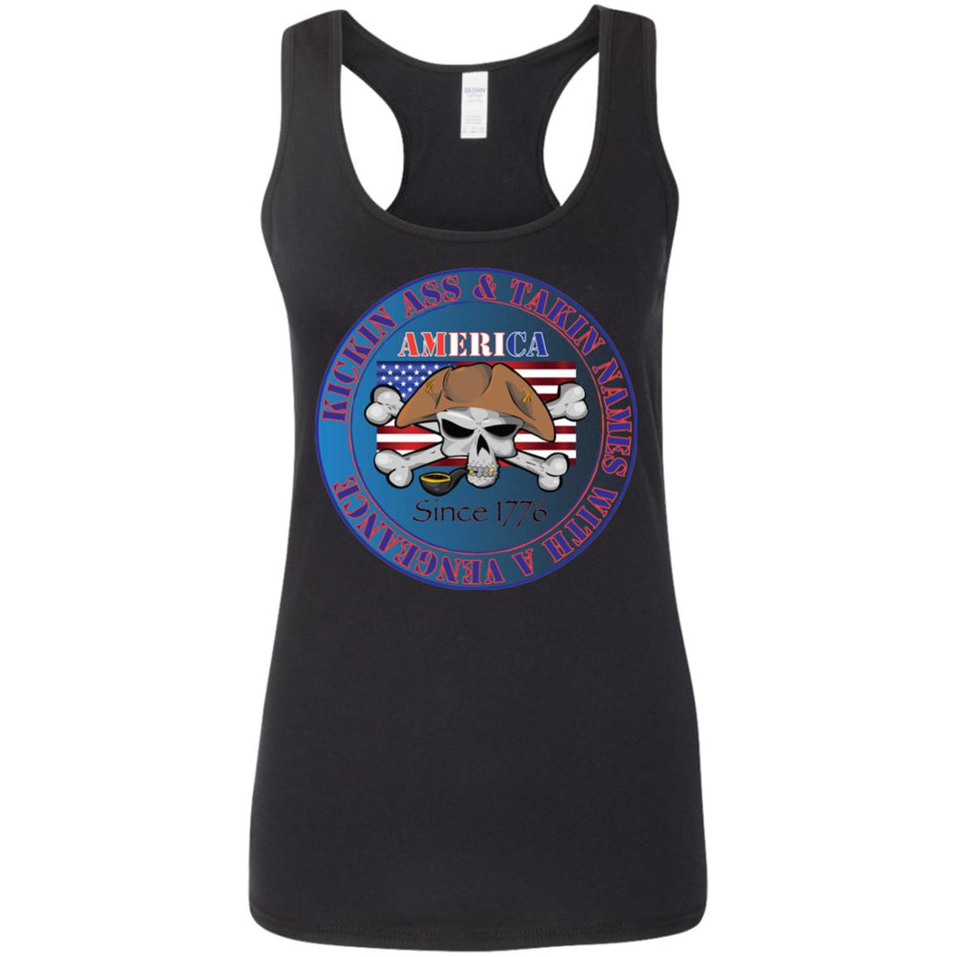 “America” - Kickin Ass Since & Takin Names With a Vengeance Since 1776 - Blue Custom Personalized Ladies' Softstyle Racerback Tank